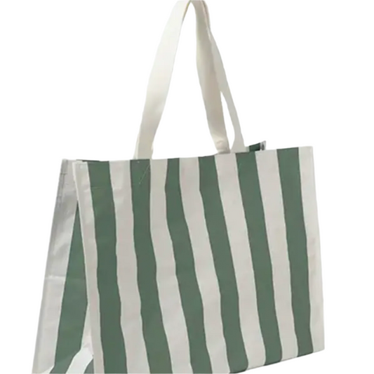 Green and white striped tote bag on a light gray background