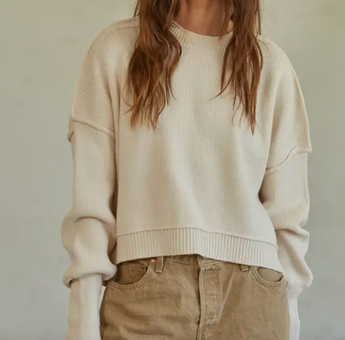Cream Cotton Ribbed Knit Sweater