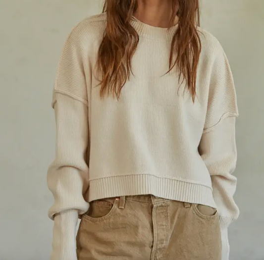 Cream Cotton Ribbed Knit Sweater