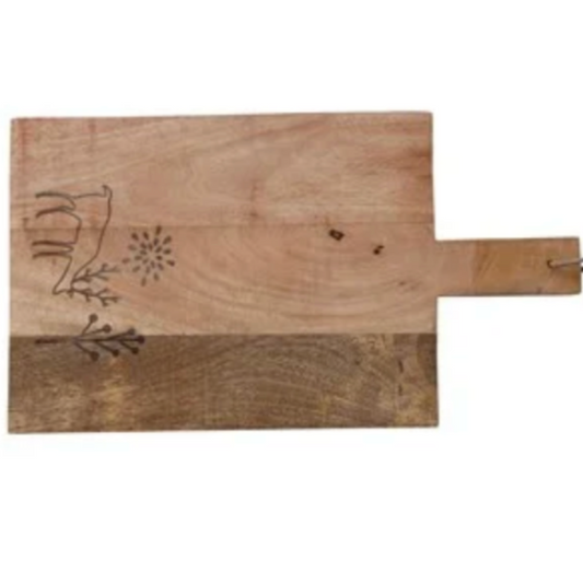 Wooden cutting board with floral design on a white background