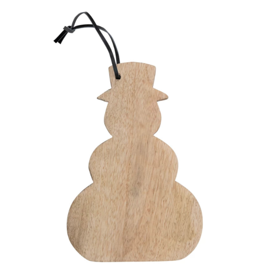 Wooden snowman-shaped cutting board with a black handle on a white background