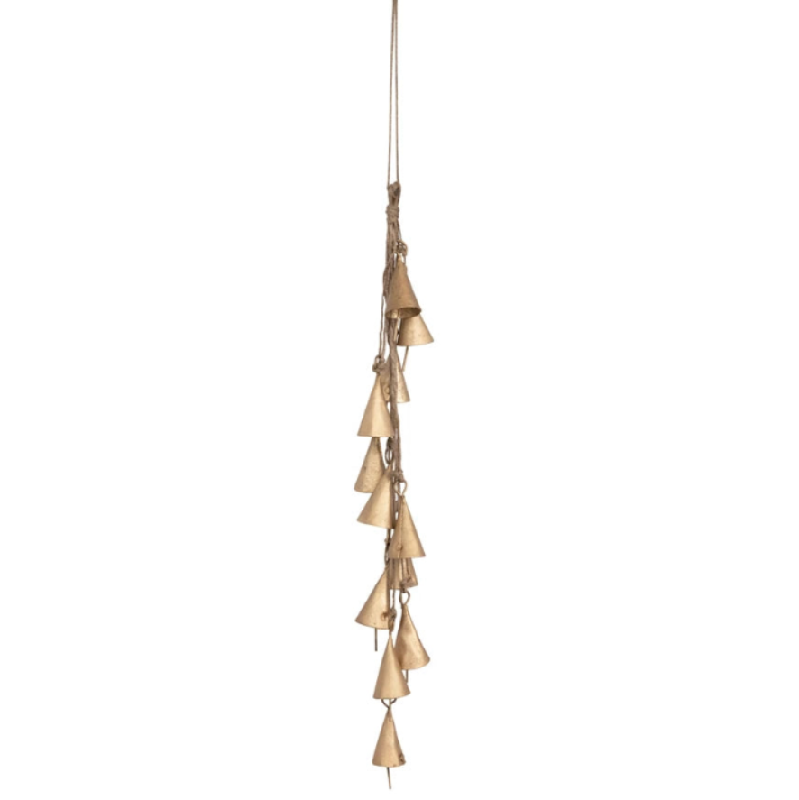 Dainty Hanging Metal Bell Cluster with Jute Rope, Antique Brass Finish
