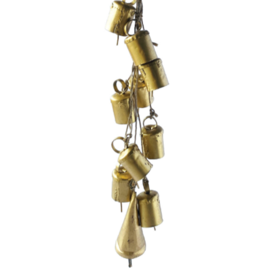 Decorative hanging brass bell with multiple bells on a white background