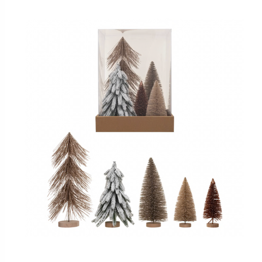 Sisal Bottle Brush Trees w/ Wood Bases, Boxed Set of 5