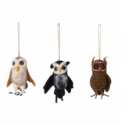 Handmade Wool Felt Owl Ornament w/ Embroidery, 3 Styles