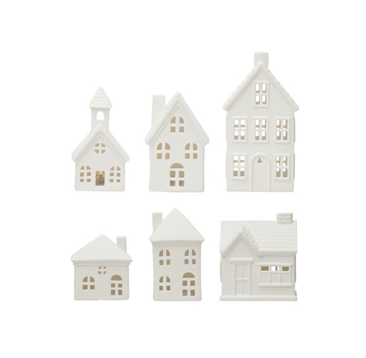 Set of 6 Stoneware Bisque Houses with LED Lights
