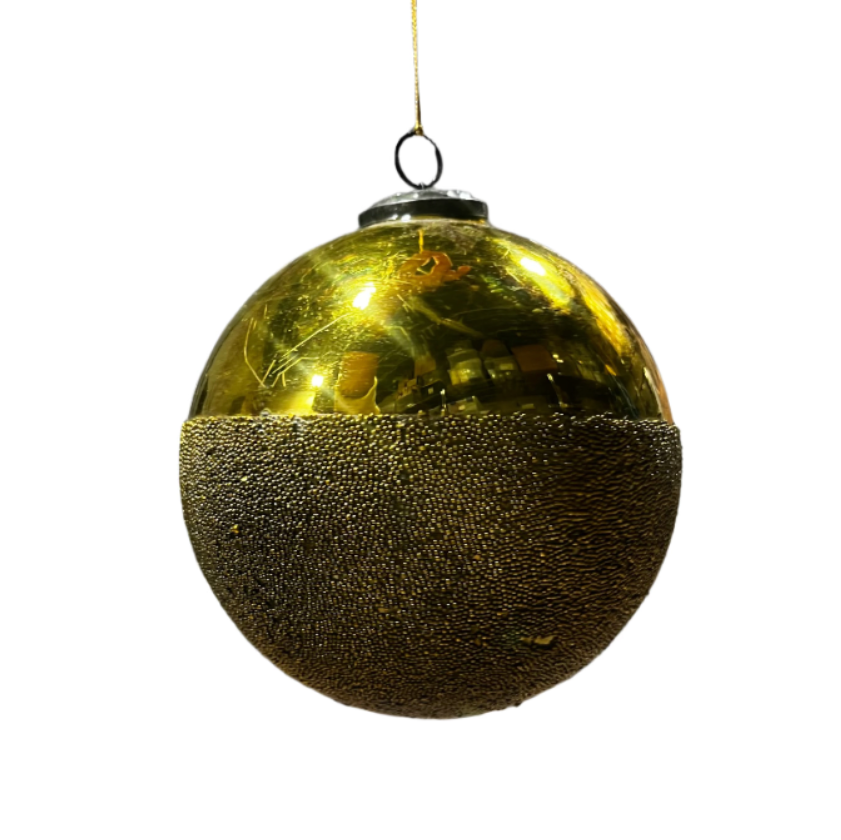 Small 4"  Round Glass Ball Ornament, Antique Gold Finish