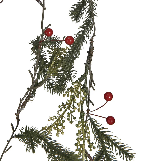 Faux Pine & Mistletoe Garland with Red Berries