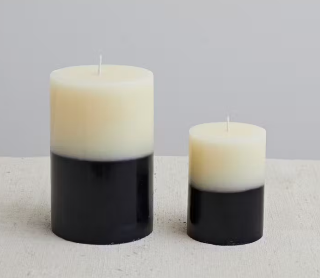 Large Cream & Black Two-Tone Pillar Candle, Unscented