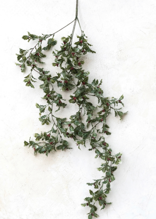 Faux Holly Spray w/ Red Berries, Ice Finish, Green
