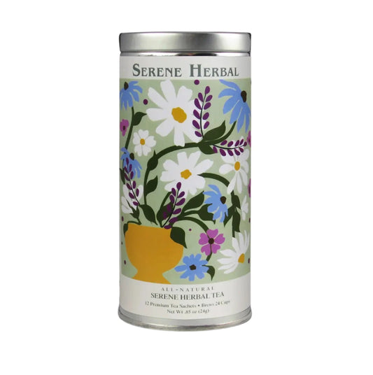 Tea canister with floral design and 'Serene Herbal' text on a light gray background
