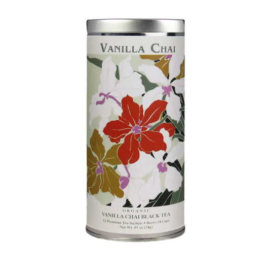 Vanilla Chai tea canister with floral design on a white background