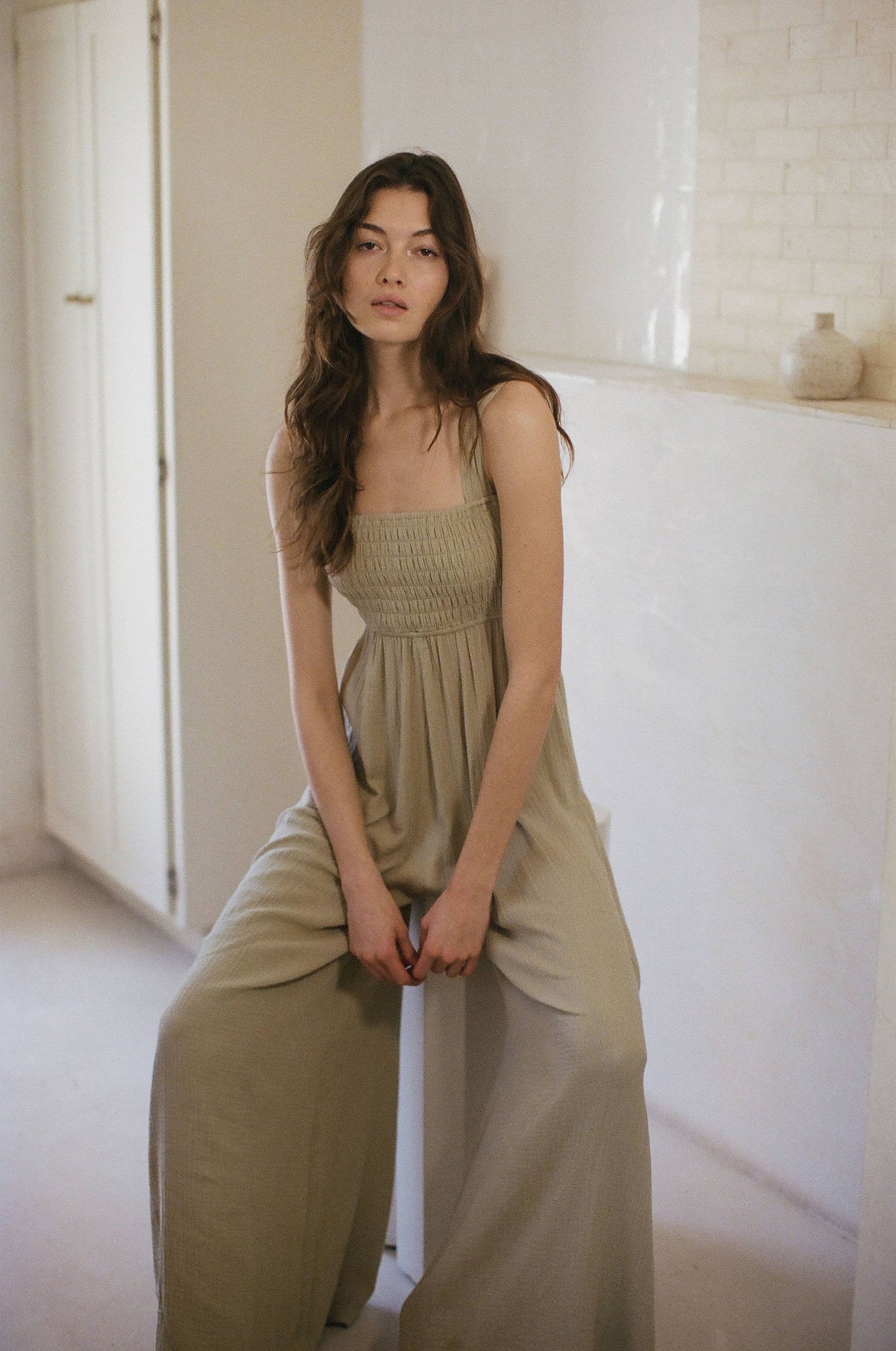 Woven Cotton Gauze Square Neck Jumpsuit