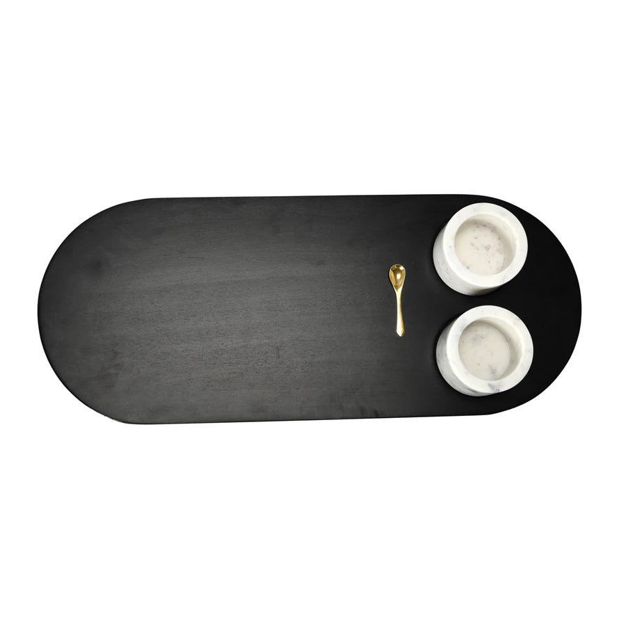 Mango Wood Tray w/ 2 Marble Bowls & Gold Finish Stainless Steel Spoon