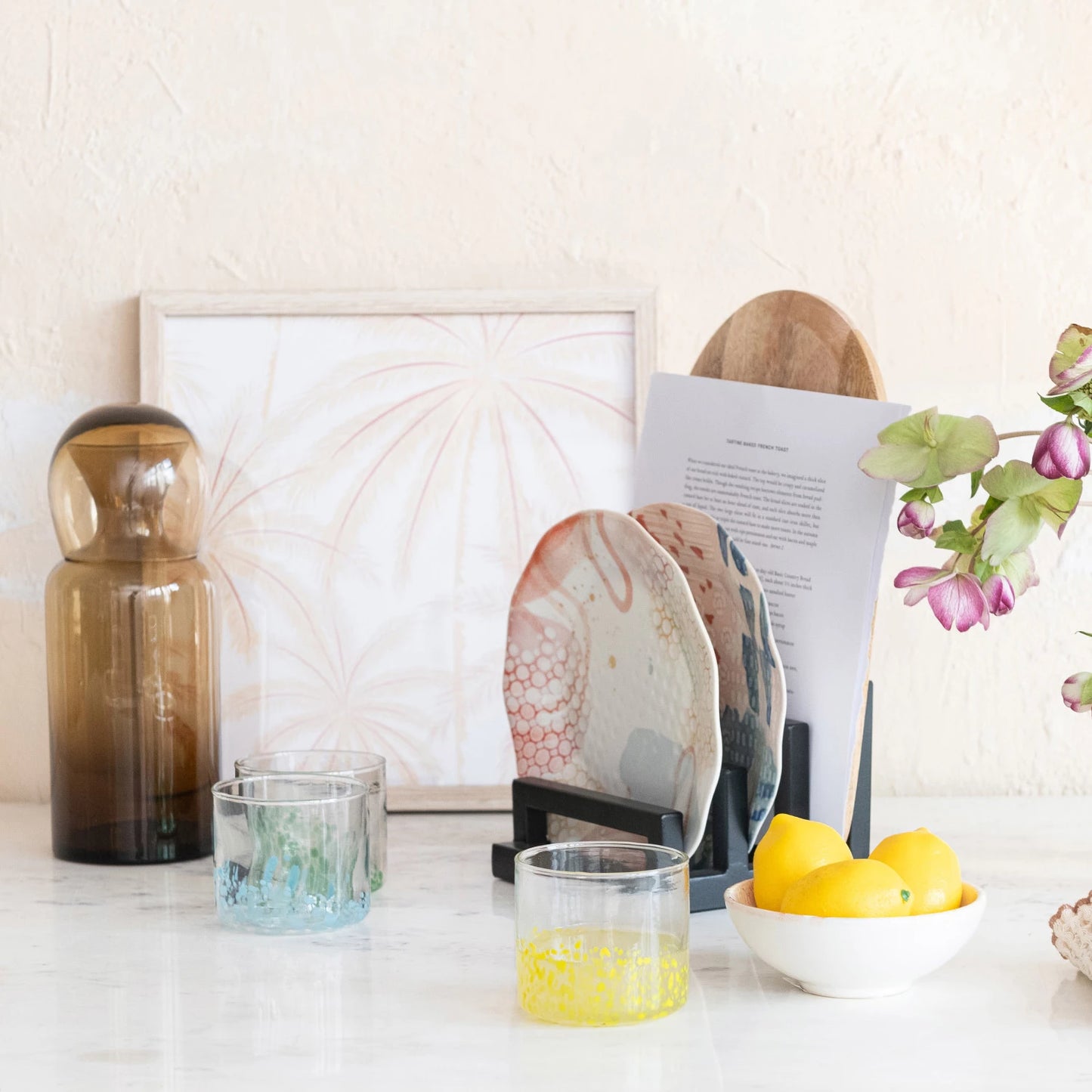 Glass Carafe w/Drinking Glass, Amber Color, Set of 2