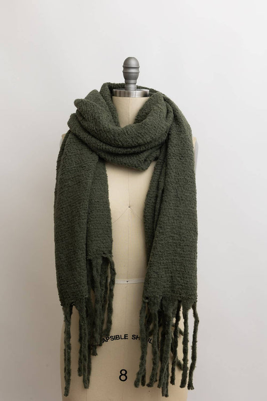 Olive Cozy Knit Scarf with Tassels