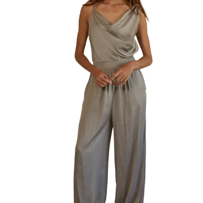 Woven Polyester Satin Cowl One Shoulder Jumpsuit
