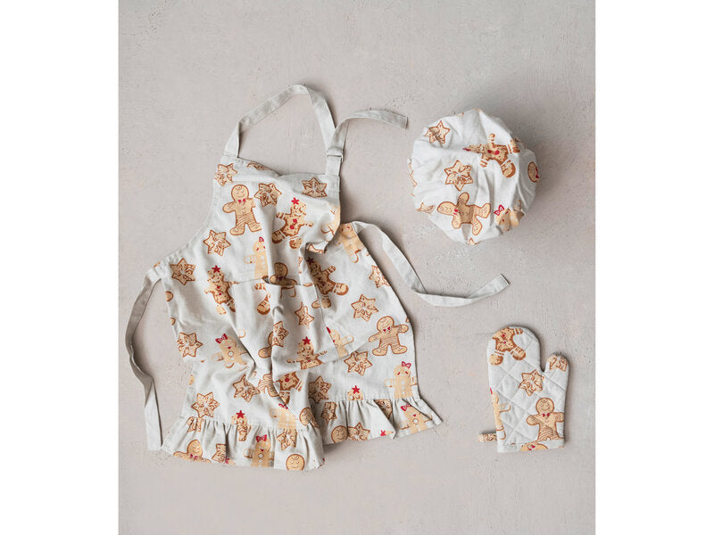 Cotton Child Apron with Gingerbread Print, Chef Hat and Hot Mitt, Set of 3