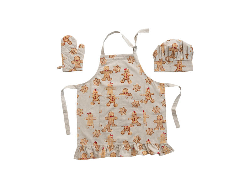 Cotton Child Apron with Gingerbread Print, Chef Hat and Hot Mitt, Set of 3