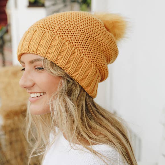 Chunky Knit Pom Beanie with Faux Sherpa Lining