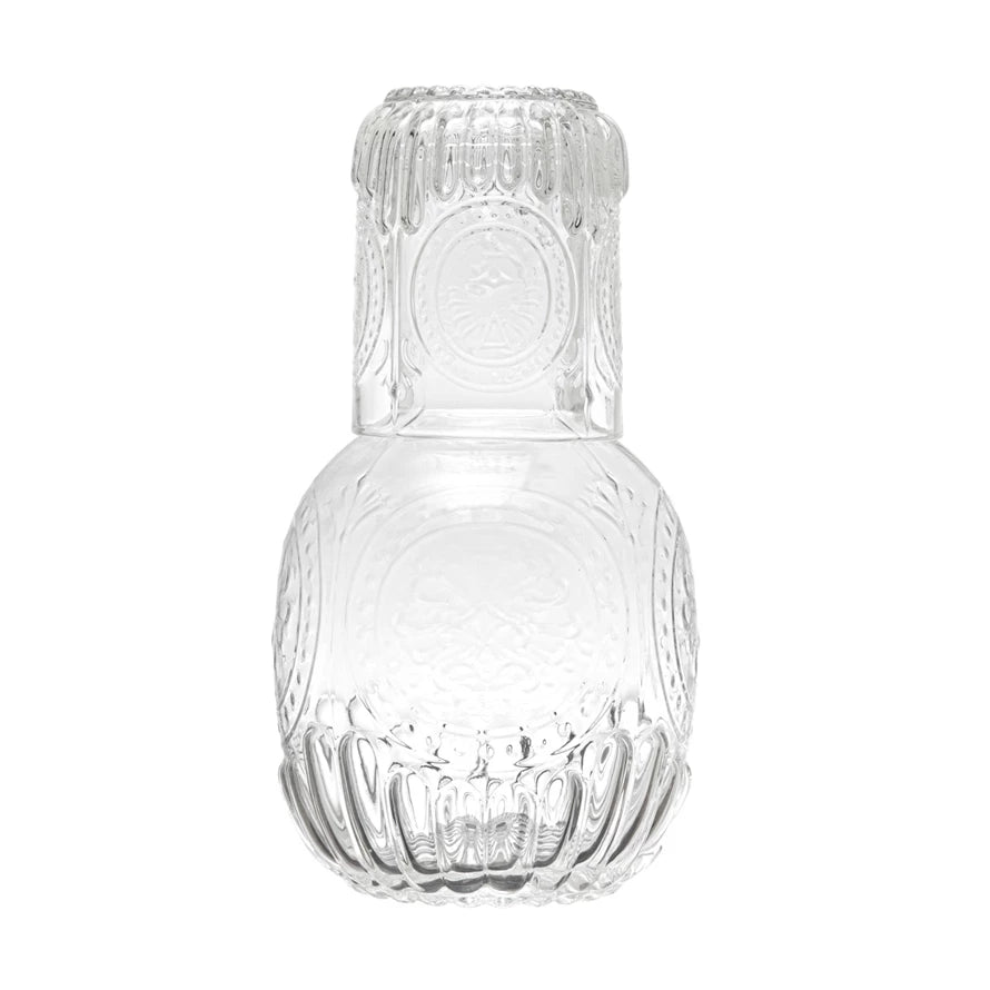 Embossed Glass Carafe and Drinking Glass