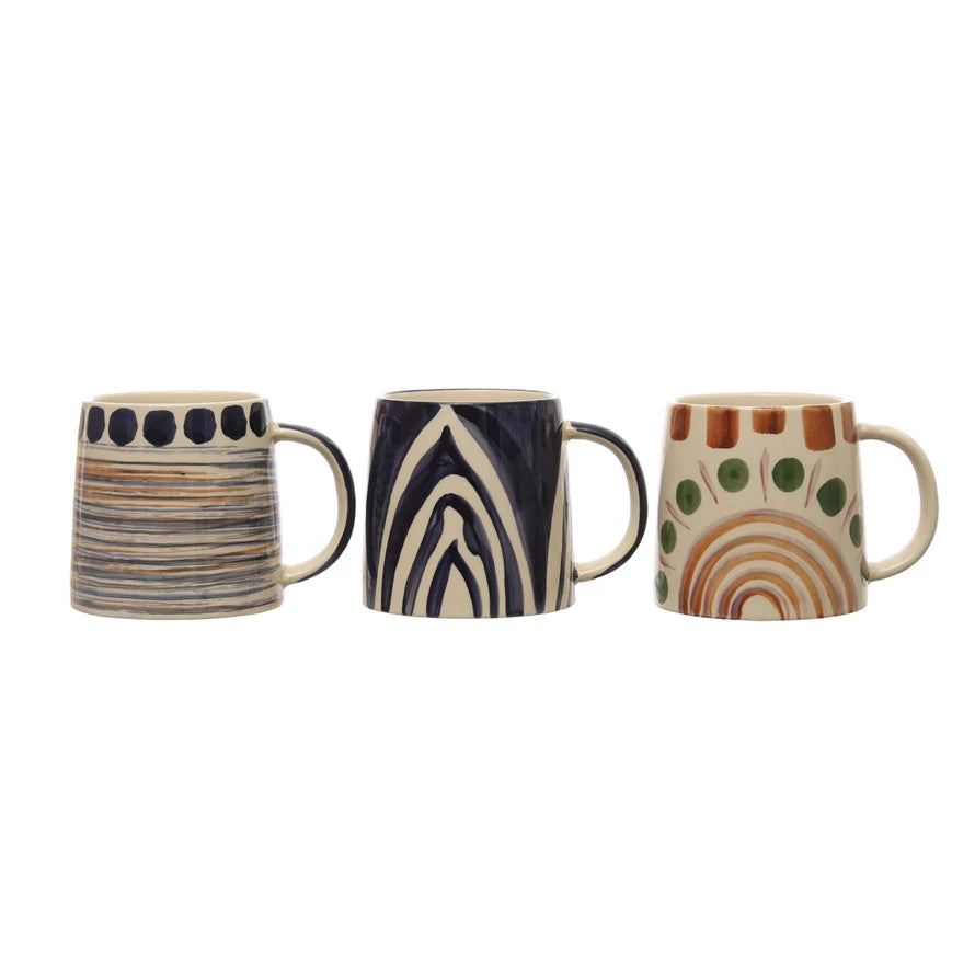 Hand-Painted Stoneware Mug w/ Design, 3 Styles