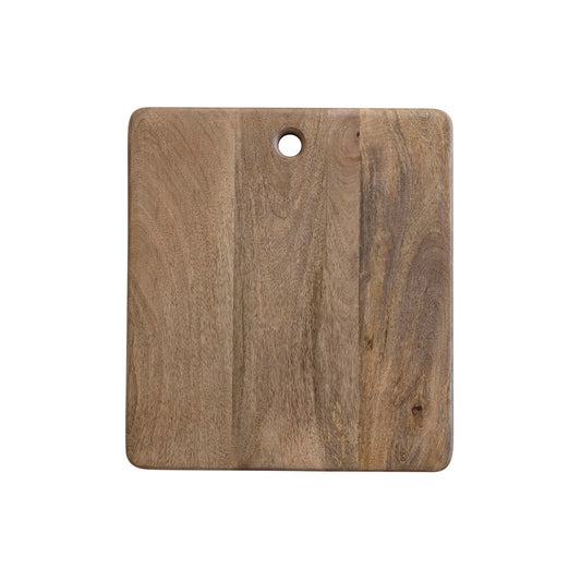 Wooden cutting board with a hole for hanging on a white background