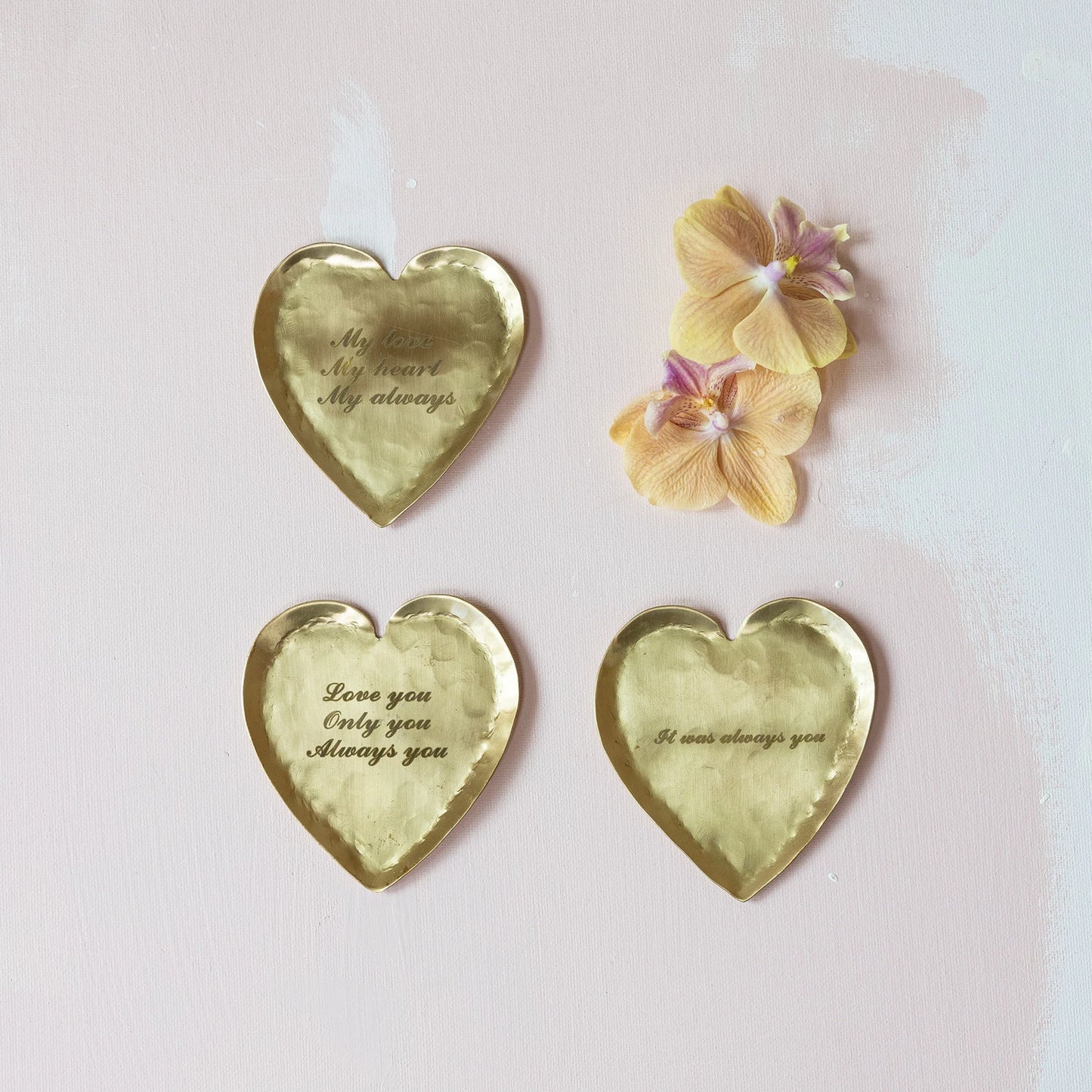 Decorative Brass Heart Shaped Dish w/ Laser Etched Saying - 3 Styles