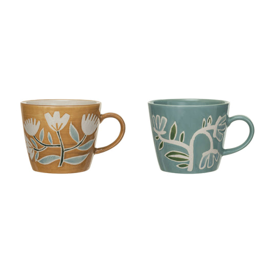 8 oz. Hand-Painted Stoneware Mug w/ Wax Relief Flowers, 2 Styles ©