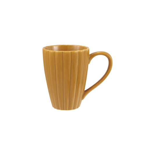 14 oz. Stoneware Ribbed Mug, Reactive Glaze, Mustard Color (Each One Will Vary)