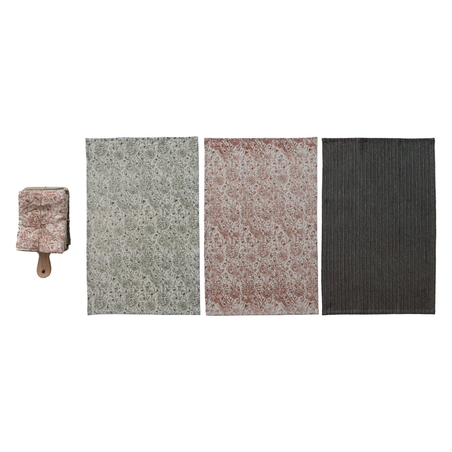 Tea Towels & Mango Wood Cheese/Serving Board, Set of 4 Tied with Jute & Wood Bead