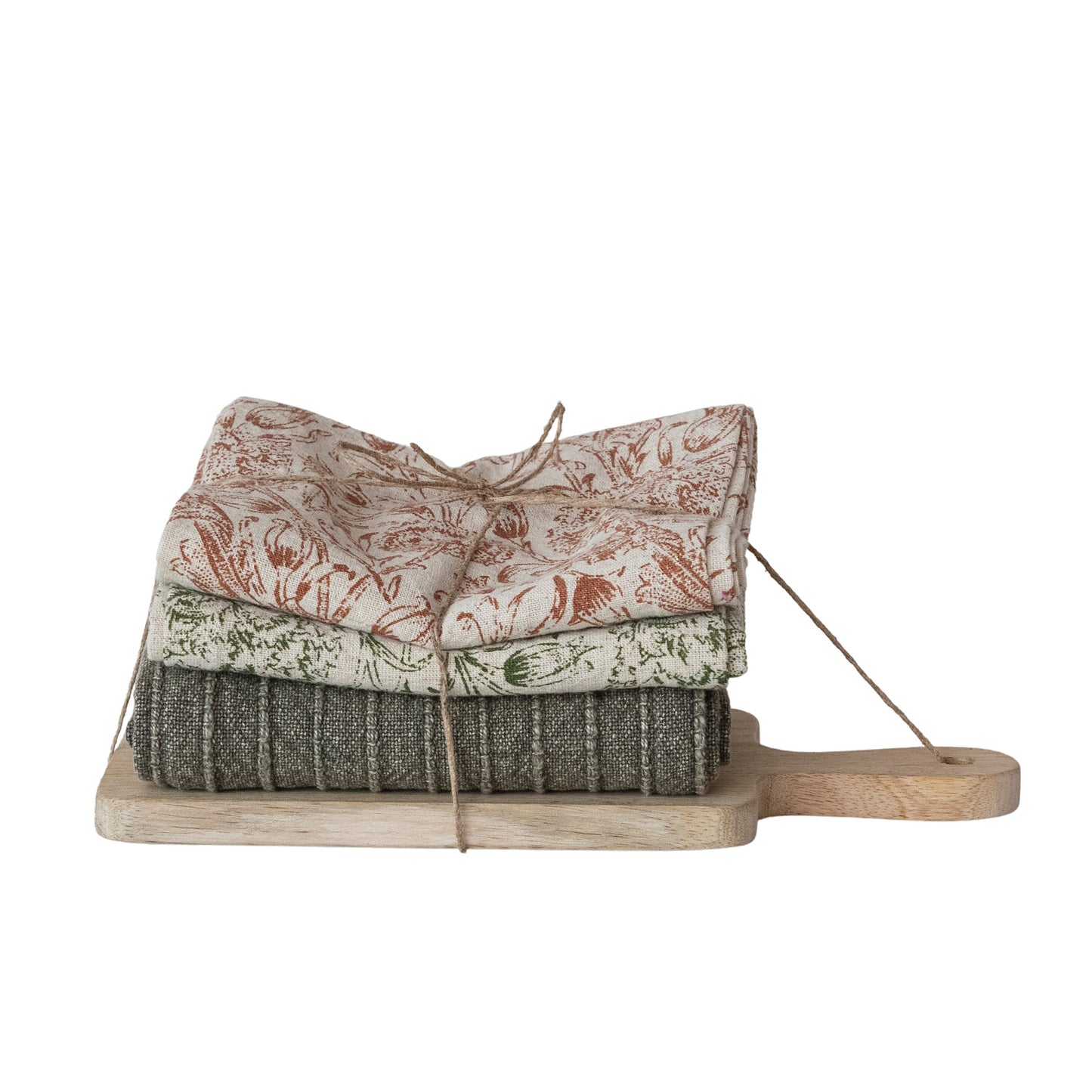 Tea Towels & Mango Wood Cheese/Serving Board, Set of 4 Tied with Jute & Wood Bead