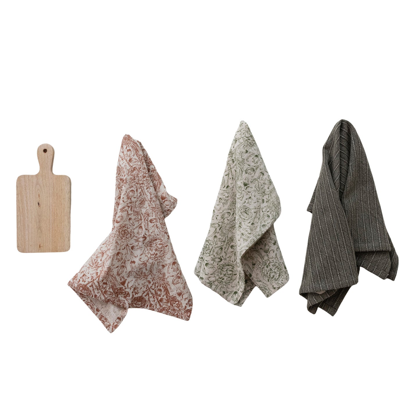 Tea Towels & Mango Wood Cheese/Serving Board, Set of 4 Tied with Jute & Wood Bead