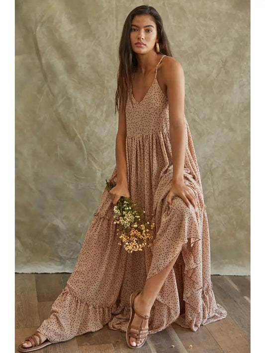 Dot Print V Neck Sleeveless Cross Back Ruffle Maxi Dress  Light Taupe