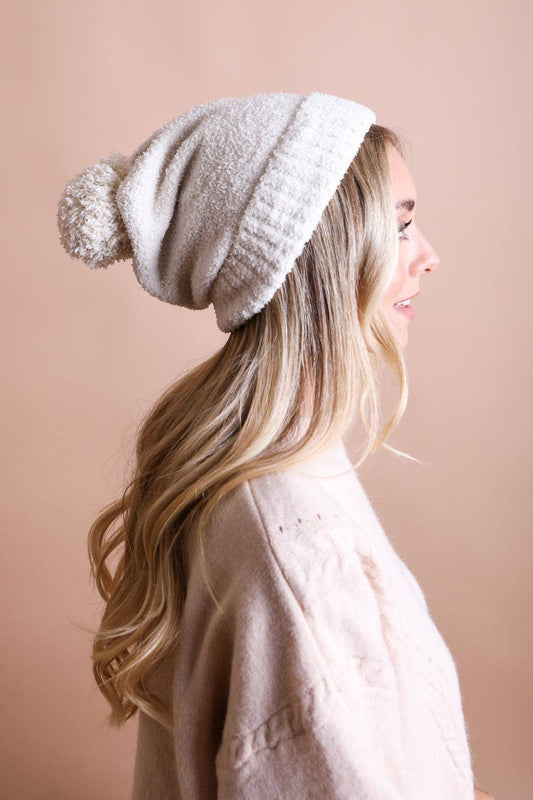 Ivory Cozy Boucle Pom Beanie