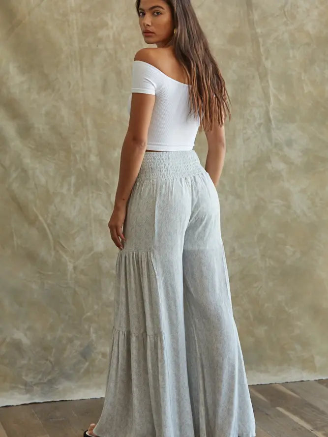 Waisted Wide Legged Flowy Pants -Grey/Ivory
