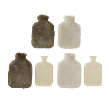 Set of five textured hot water bottles in various colors on a white background