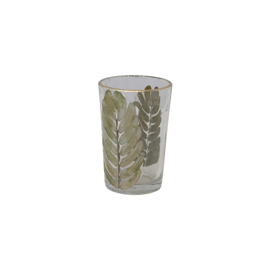 Glass Votive Holder w/mosaic Leaf