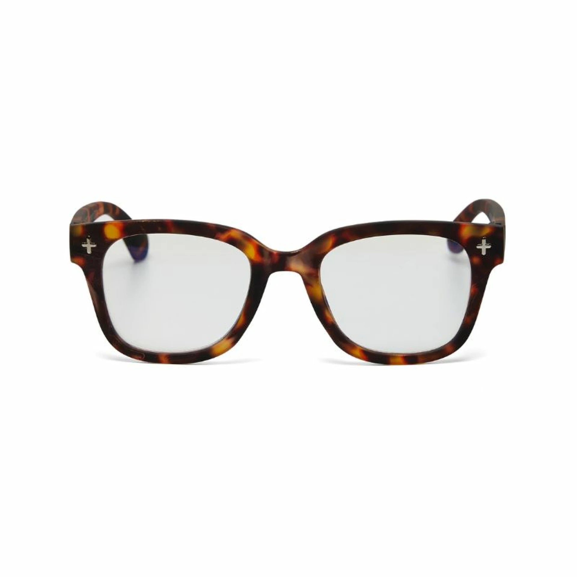 Tortoiseshell glasses with clear lenses on a white background