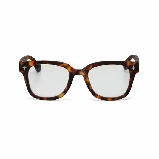 Tortoiseshell glasses with clear lenses on a white background