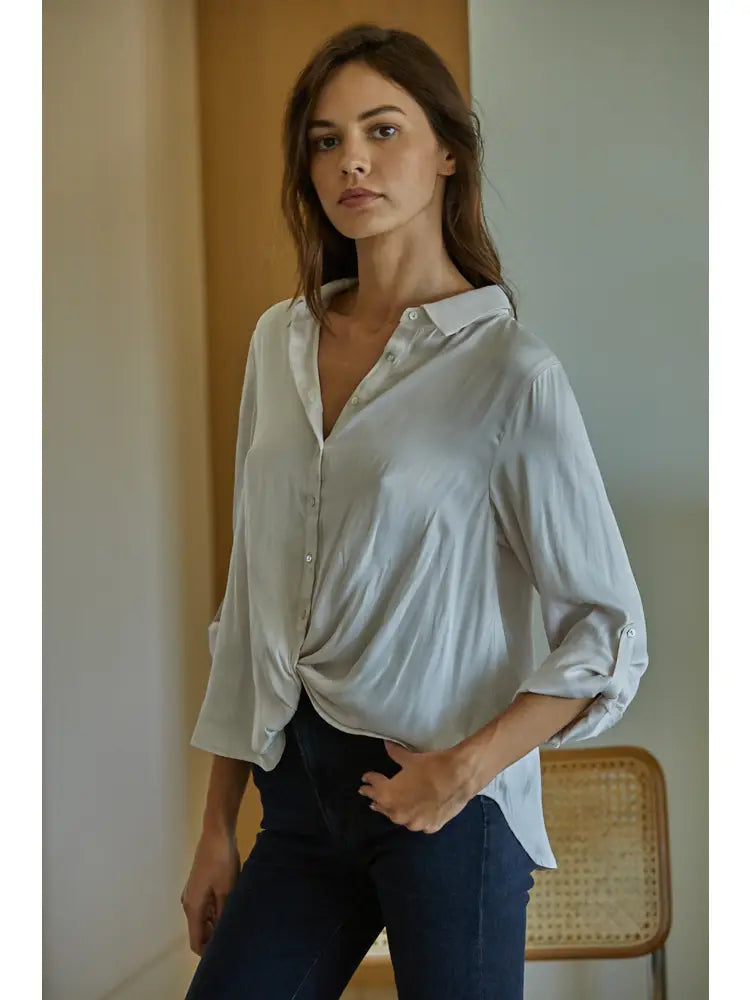 Woven Satin Long Sleeve Neck Ribbon Detail Top -Pearl