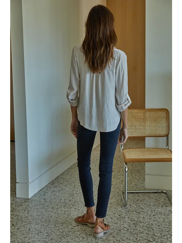 Woven Satin Long Sleeve Neck Ribbon Detail Top -Pearl