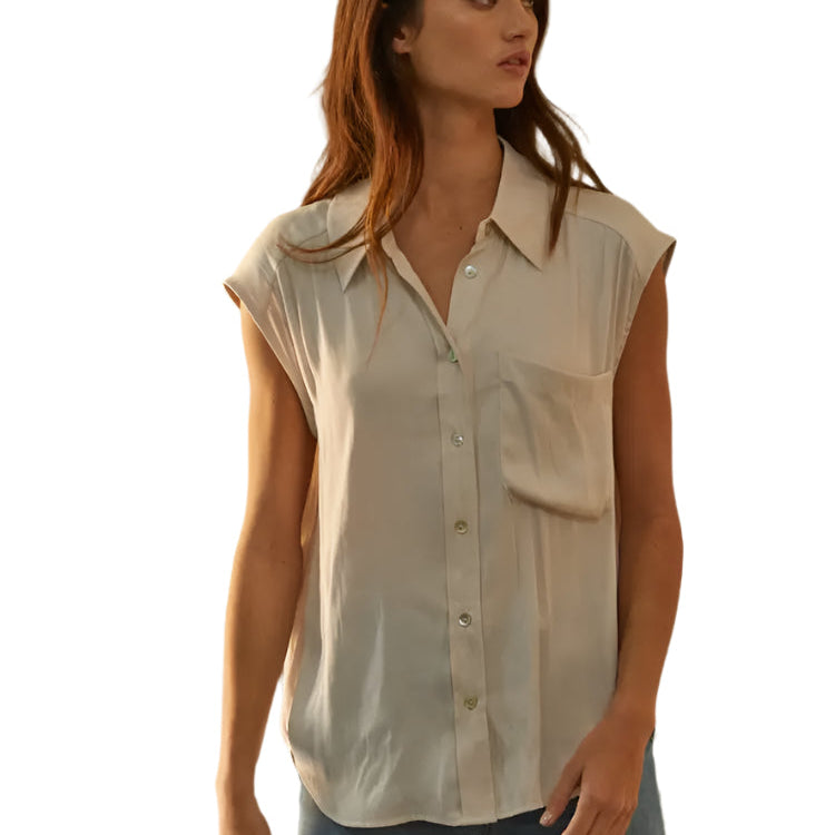 Woven Polyester Satin Sleeveless Button Down Top