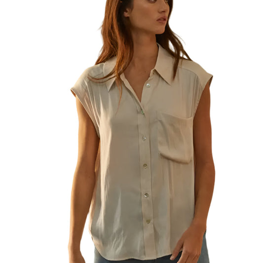 Woven Polyester Satin Sleeveless Button Down Top