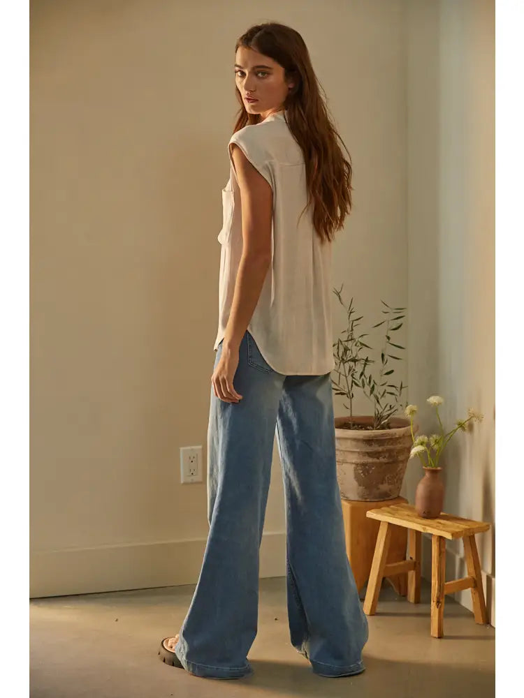 Woven Polyester Satin Sleeveless Button Down Top