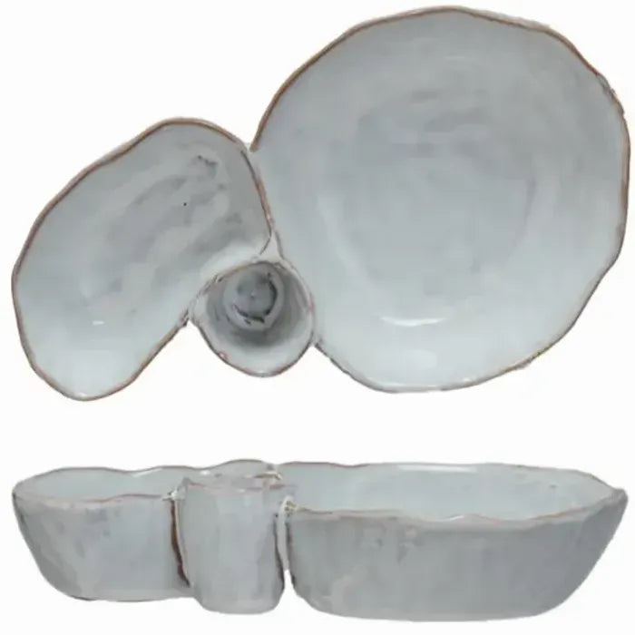 Stoneware Dish w/ 3 Sections, Reactive Glaze, White