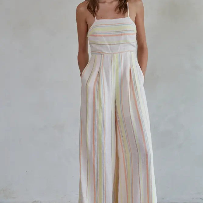 Striped Square Neck Wide Leg Jumpsuit  - Natural Multi