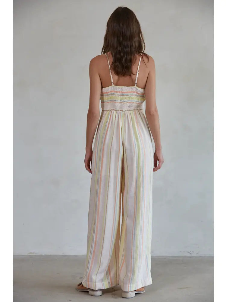Striped Square Neck Wide Leg Jumpsuit  - Natural Multi
