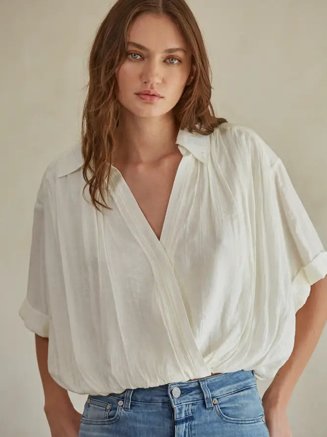 Woven Rayon Nylon Collar V-Neck Pullover Top