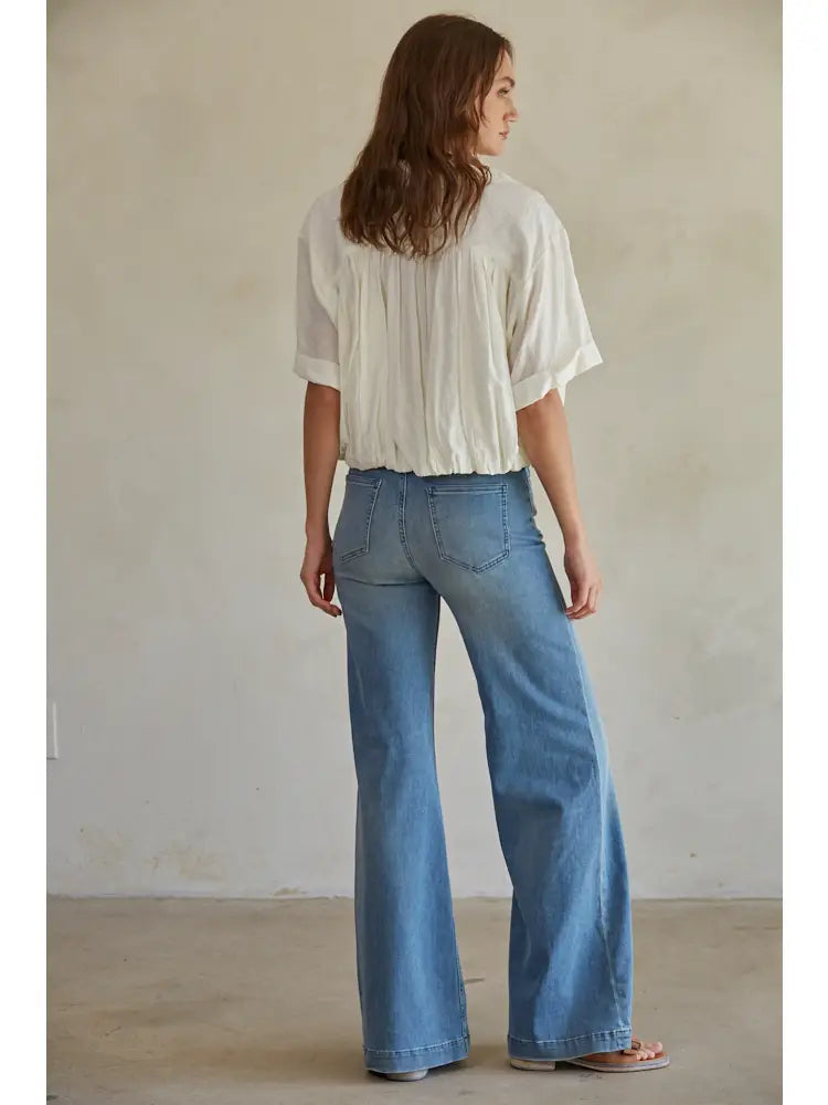 Woven Rayon Nylon Collar V-Neck Pullover Top